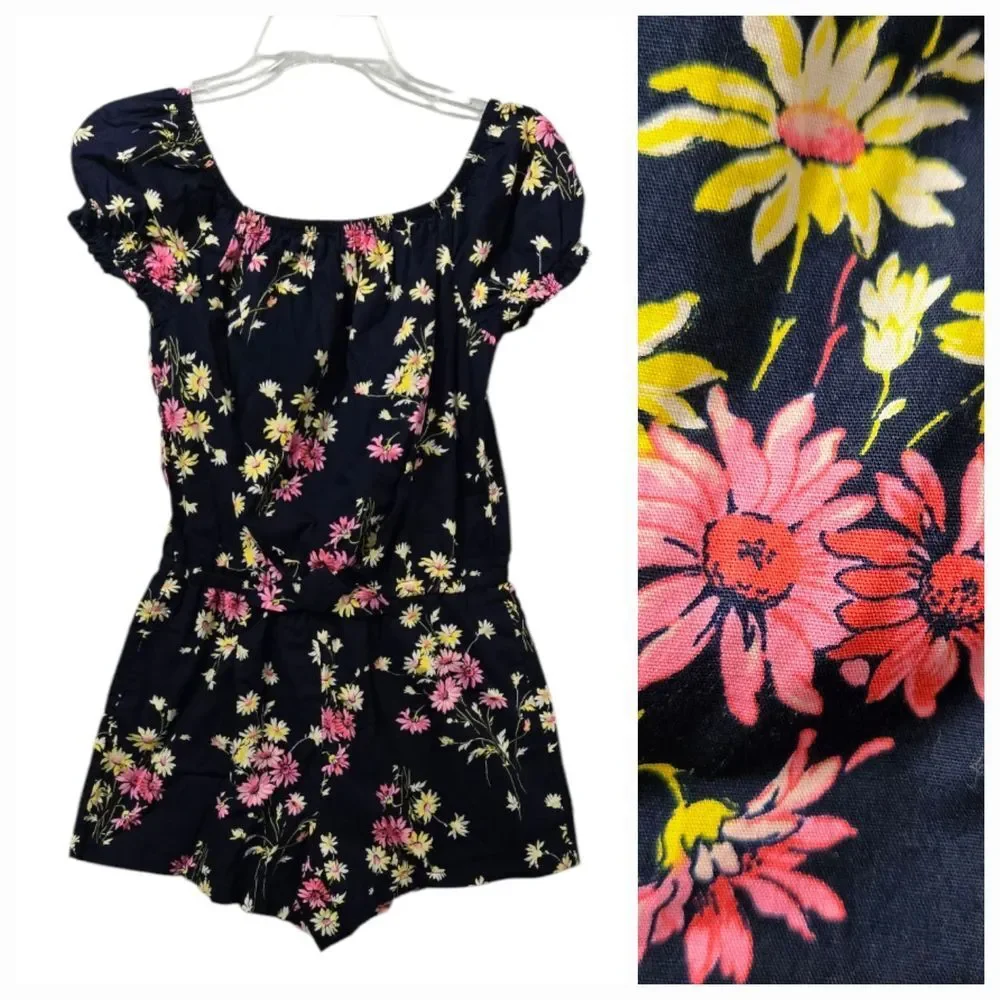 Gap Girls Floral Puff Sleeve Chambray Romper XL 14/16 Navy Bow Pockets Summer